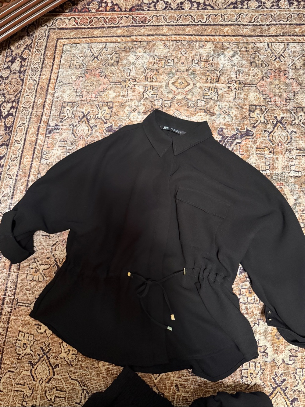 Zara Black Button-Up Blouse with Drawstring Waist